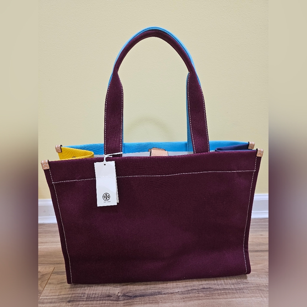 NEW TORY BURCH ELLA COLOR-BLOCK CANVAS TOTE - Picture 4 of 17